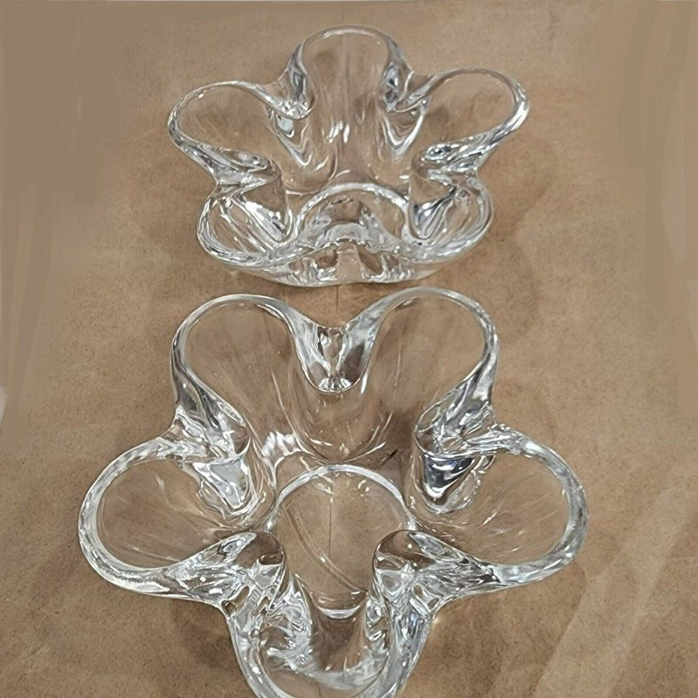 2 VTG Clear Tiffin Neodymium Flower 5 Lobe Heavy Art Glass Bowl Candle Holder